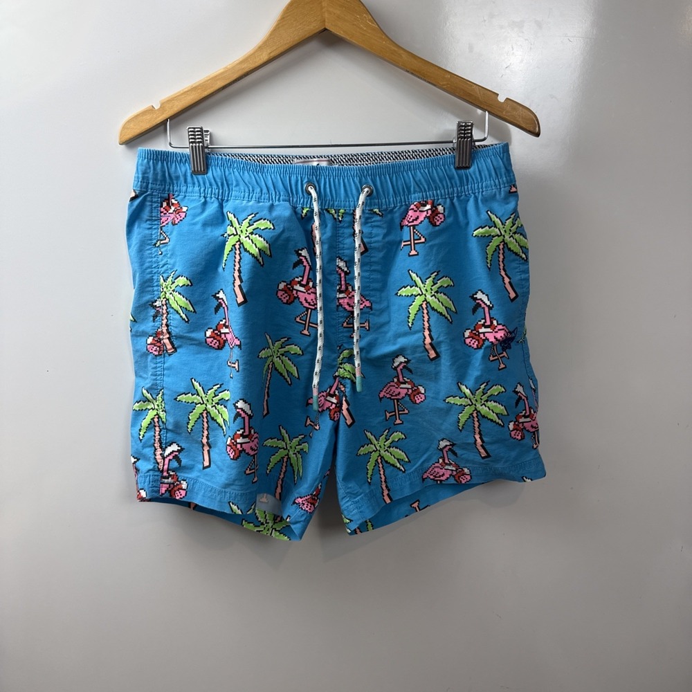Party Pants Men's Medium Swim Shorts Flamingo Print  Blue - Unlined -